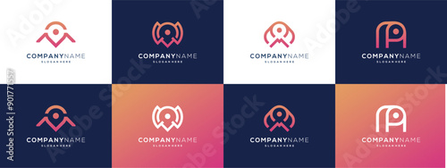 Letter M with pin map location logo vector ideas. Abstract collection of modern design based icon template.