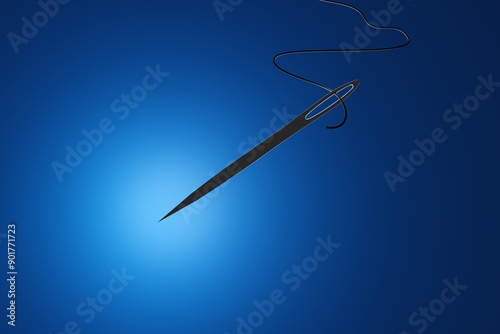 Silhouette of a sewing needle and single thread on blue background. Illustration of the concept of embroidery, tacks and clothing repair