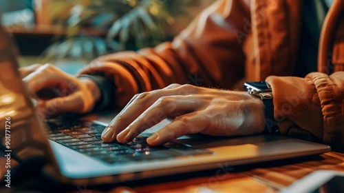 Hand Typing on a Keyboard: A close-up of hands typing on a sleek laptop keyboard. 