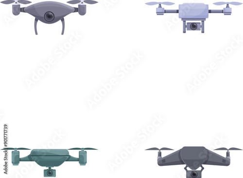 Air drone icons set cartoon vector. Various drone with integrated camera. Aerial videography