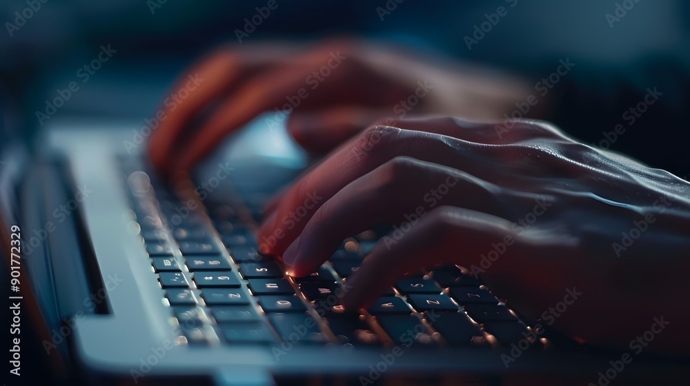 Hand Typing on a Keyboard: A close-up of hands typing on a sleek laptop keyboard.
Hand Typing on a Keyboard: A close-up of hands typing on a sleek laptop keyboard.