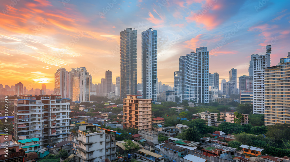 Fototapeta premium Luxurious Skyscraper Contrasting with Humble Neighborhood, Symbolizing Wealth Distribution