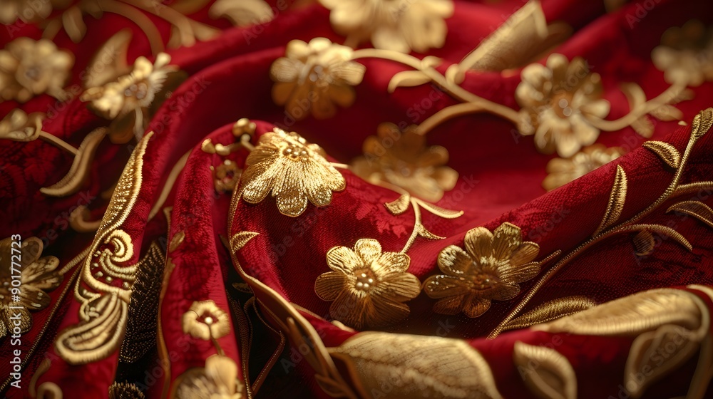 Gold embroidery and applique on red velvet, 3d graphic resources Gold embroidery and applique on red velvet, 3d graphic resources