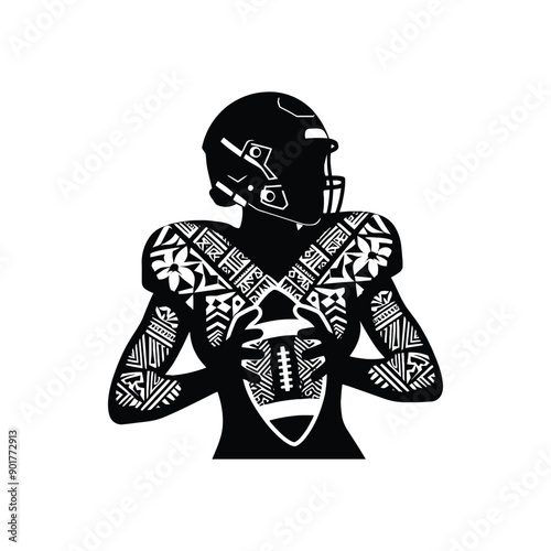 American football sport female player with ethnic polynesia pattern illustration, emblem shield badge