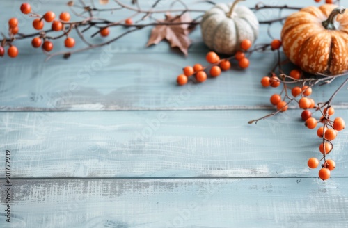 Pumpkins and Berries on Blue Wood
