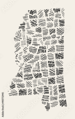 Mississippi Word Cloud. State with counties division. Mississippi typographic text clouds vector image design. Vintage gazette style state shape image. Beautiful vector illustration.