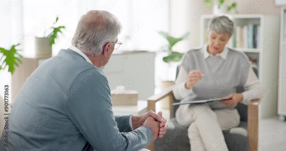 Senior, man and consultation in therapy for counseling, emotional support and advice for retirement. Elderly man, psychologist and speaking for wellness coaching, mental health and stress management.
