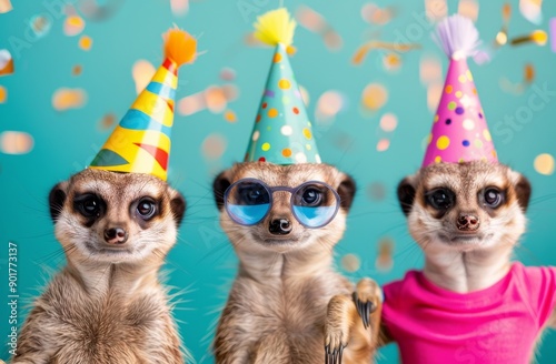 Four Meerkats in Party Hats