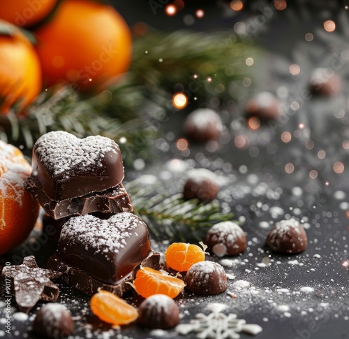 Chocolate and Tangerines With Snowfall