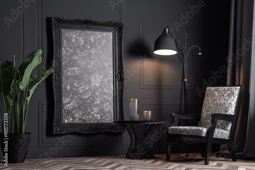 Black vintage ornate frame in classic style. Dark gothic royal frame in the room.