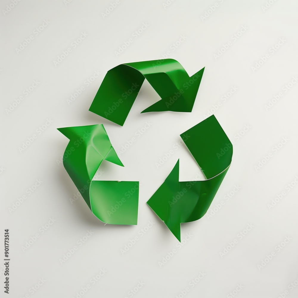 Fototapeta premium Green arrows forming the iconic recycle symbol on a white background, emphasizing sustainability and environmental consciousness through curvilinear shapes