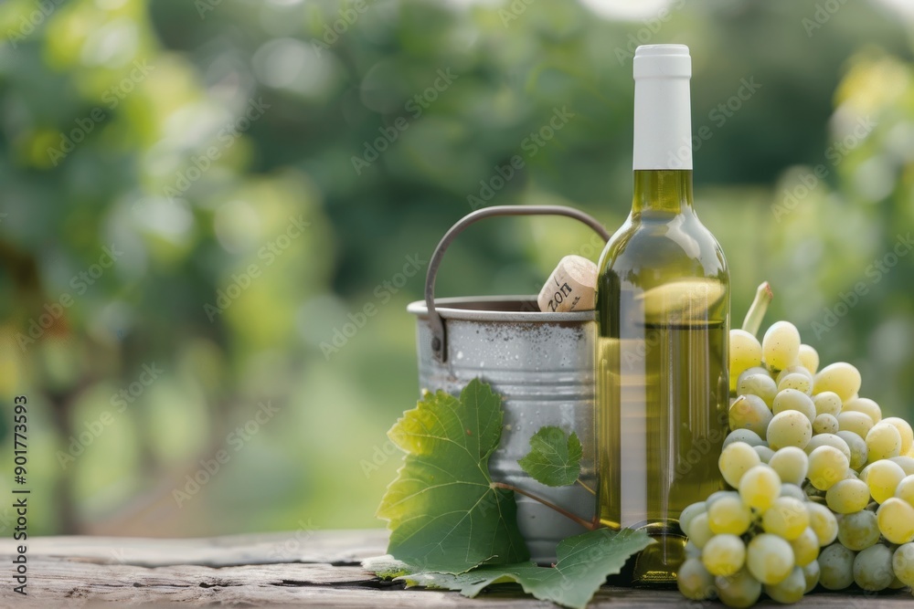 Fototapeta premium White Wine Bottle With Grapes on Table