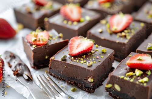 Chocolate Dessert Squares With Strawberries and Pistachios