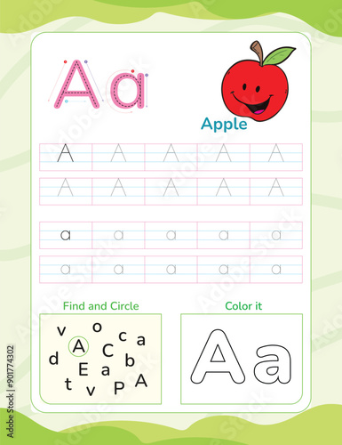 Alphabet tracing worksheet with letter and vocabulary