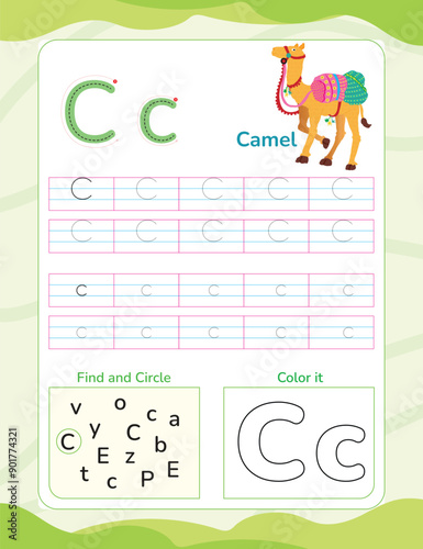 Alphabet tracing worksheet with letter and vocabulary