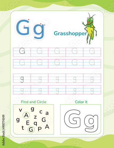 Alphabet tracing worksheet with letter and vocabulary