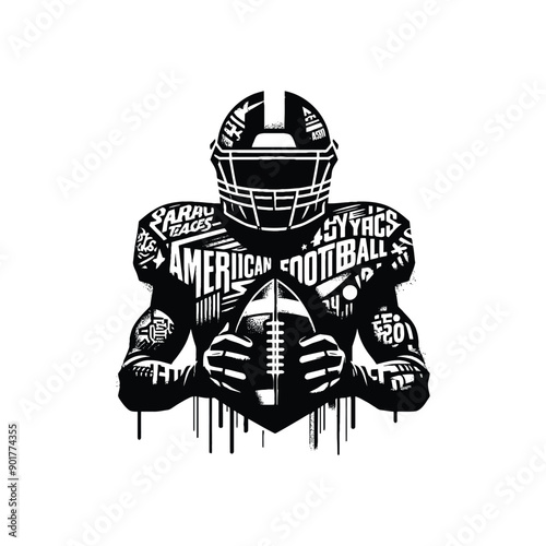 American football sport male player with graffiti tags, street art pattern illustration, emblem shield badge