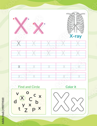 Alphabet tracing worksheet with letter and vocabulary