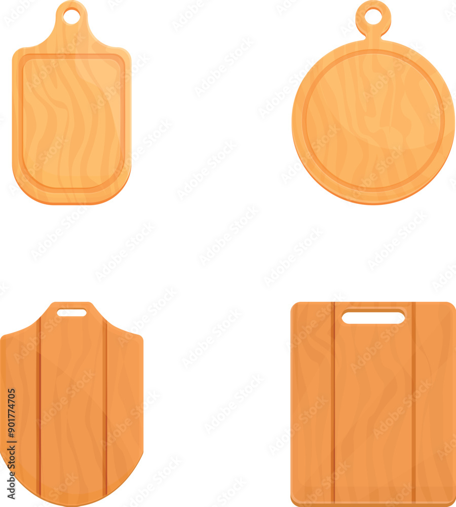 Pizza board icons set cartoon vector. Wooden cutting board of different shape. Kitchenware Pizza board icons set cartoon vector. Wooden cutting board of different shape. Kitchenware