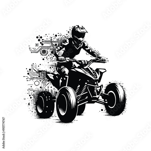 atv sport female player with cyberpunk, glitch pattern illustration, emblem shield badge