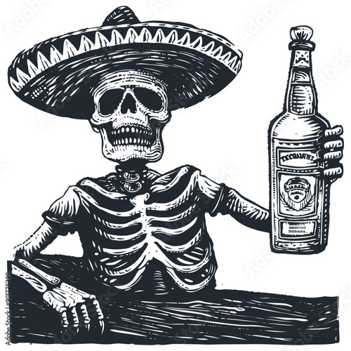 Mexican skeleton in sombrero with a bottle of tequila, vector illustration	