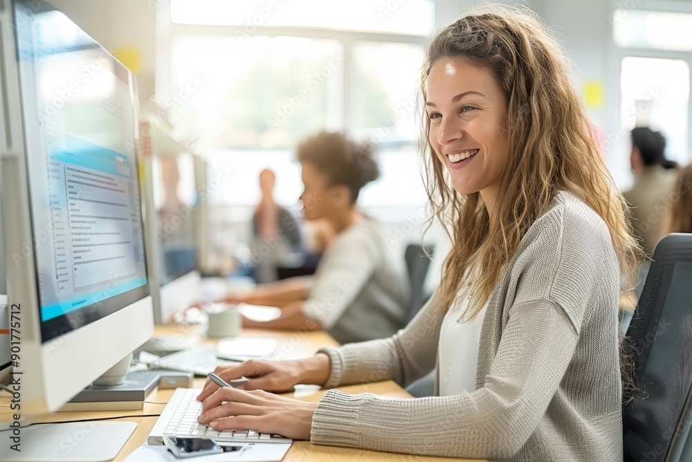 Bright open plan office with modern furniture large windows and a friendly productive atmosphere encouraging teamwork and collaboration.