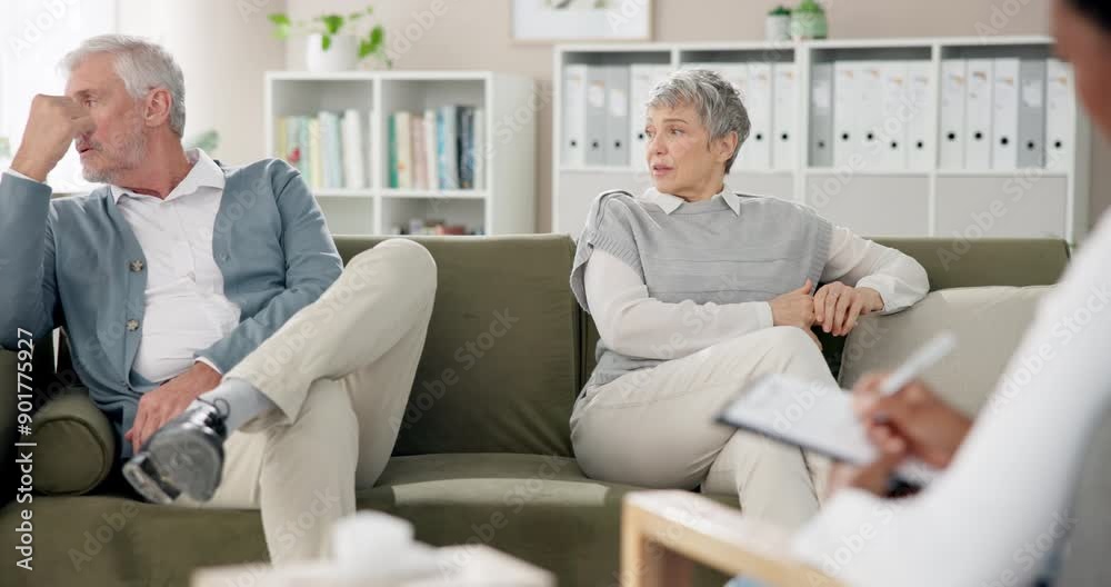 Elderly couple, therapy and psychologist in office for communication skills and marriage conflict. Senior people, psychology and consultation in workplace for stress counseling, divorce and support Elderly couple, therapy and psychologist in office for communication skills and marriage conflict. Senior people, psychology and consultation in workplace for stress counseling, divorce and support