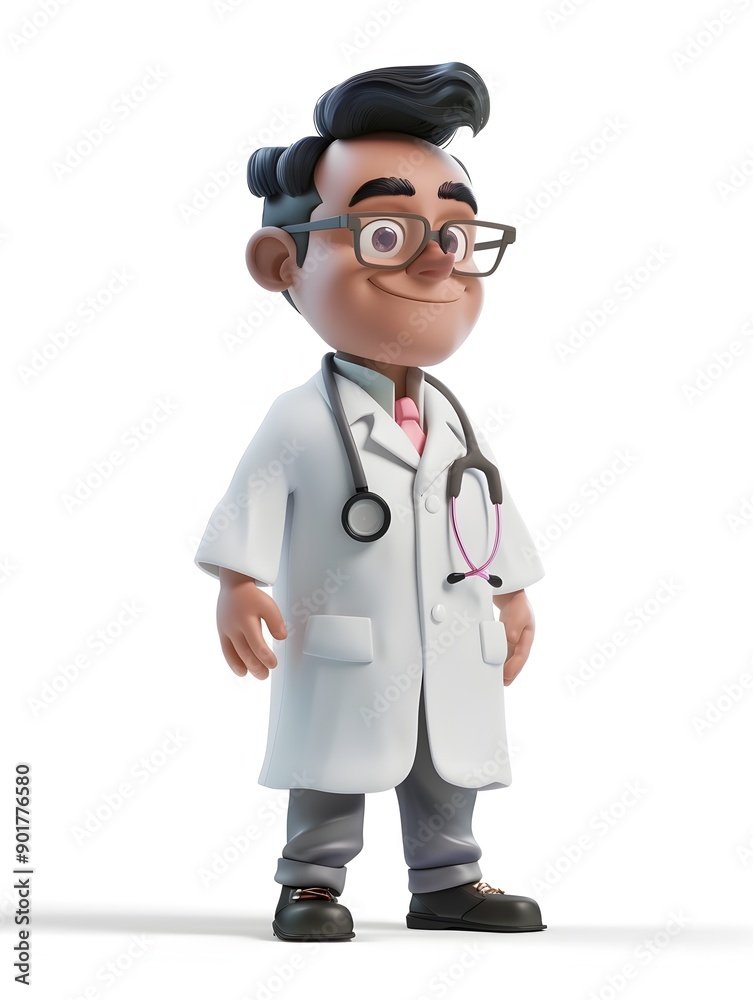 Friendly 3D Character of a Thoughtful and Skilled Medical Doctor in White Coat on a White Background