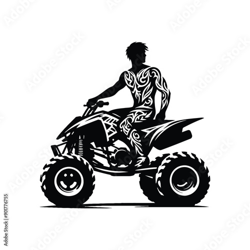 atv sport male player with ethnic tribal tattoo, gothic, pattern illustration, emblem shield badge