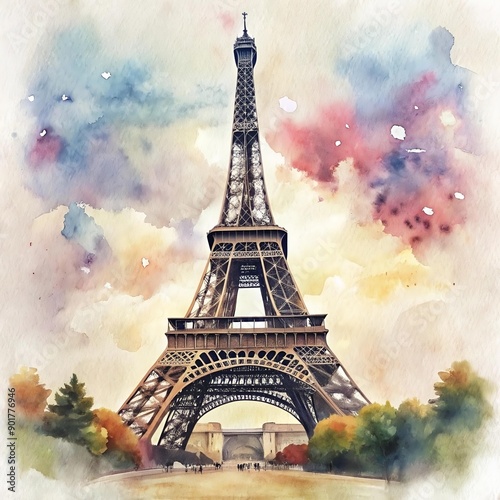 Illustration of the Eiffel Tower, symbol of France, host of the Summer Olympic Games in Paris 2024, in watercolor