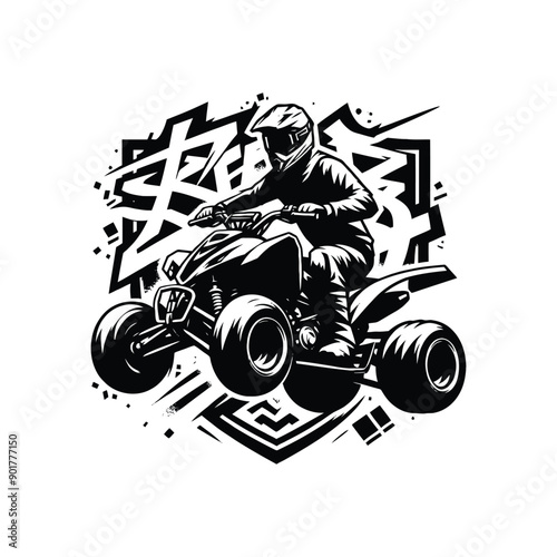 atv sport male player with graffiti tags, street art pattern illustration, emblem shield badge