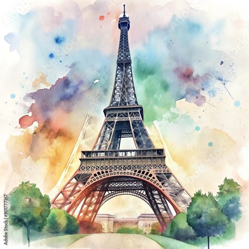 Illustration of the Eiffel Tower, symbol of France, host of the Summer Olympic Games in Paris 2024, in watercolor