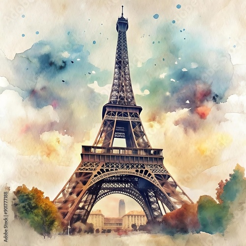 Illustration of the Eiffel Tower, symbol of France, host of the Summer Olympic Games in Paris 2024, in watercolor