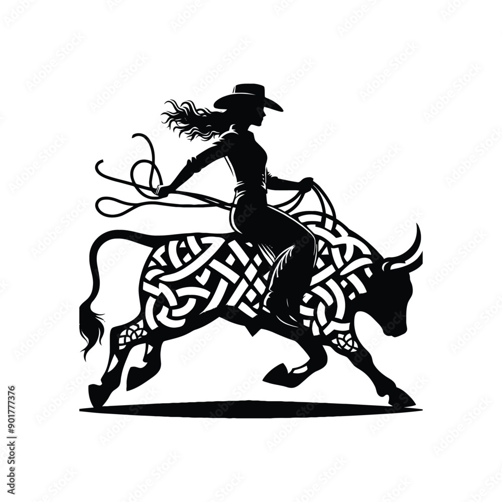 bull riding sport female player with celtic knot, nordic pattern illustration, emblem shield badge bull riding sport female player with celtic knot, nordic pattern illustration, emblem shield badge