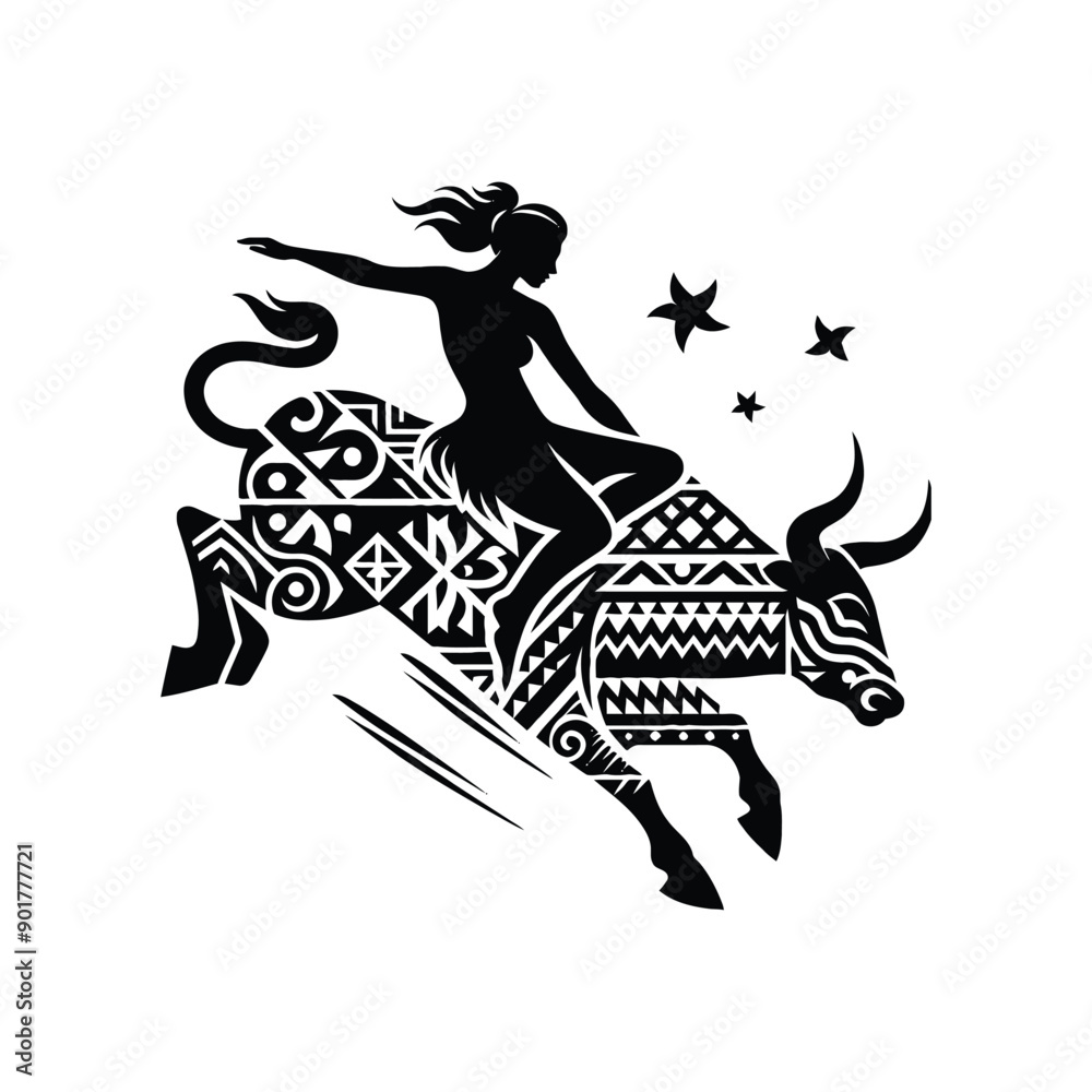 bull riding sport female player with ethnic polynesia pattern illustration, emblem shield badge bull riding sport female player with ethnic polynesia pattern illustration, emblem shield badge