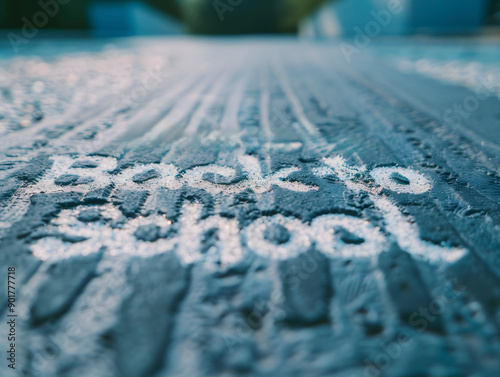 Back to school is written on the ground in chalk. Selective focus.