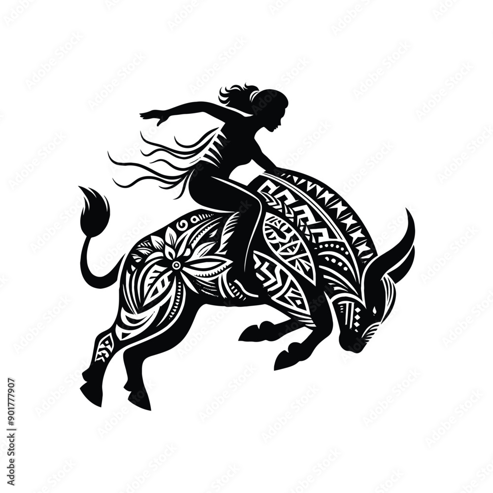 Fototapeta premium bull riding sport female player with ethnic polynesia pattern illustration, emblem shield badge