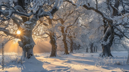 Winter sunrise in Krimulda Latvia Sunlight illuminating icy oak trees photo