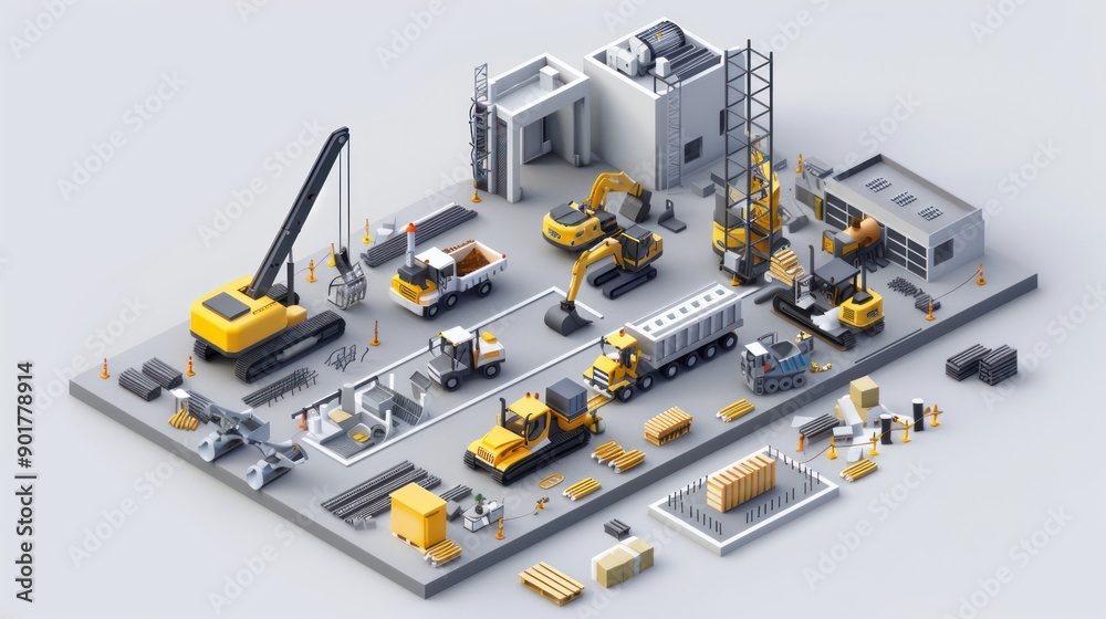 A construction site illustrated in an isometric perspective with multiple machines A construction site illustrated in an isometric perspective with multiple machines
