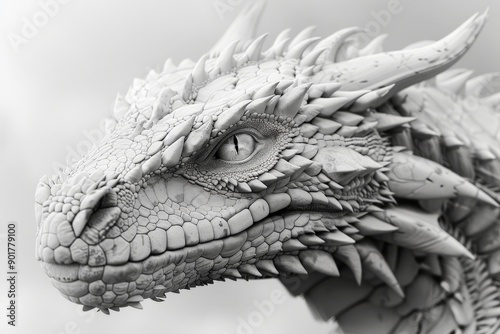 Close-up of an intricately detailed dragon head statue in black and white. Perfect for fantasy and mythical creature themes.