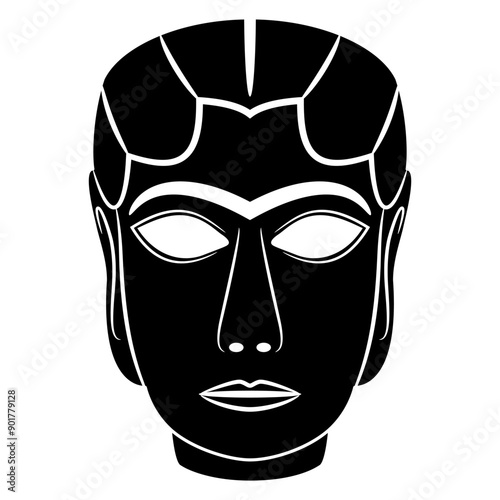 The Mask from Warka. Lady of Uruk. Female head of ancient woman or goddess Inanna from Iraq. Black and white silhouette.