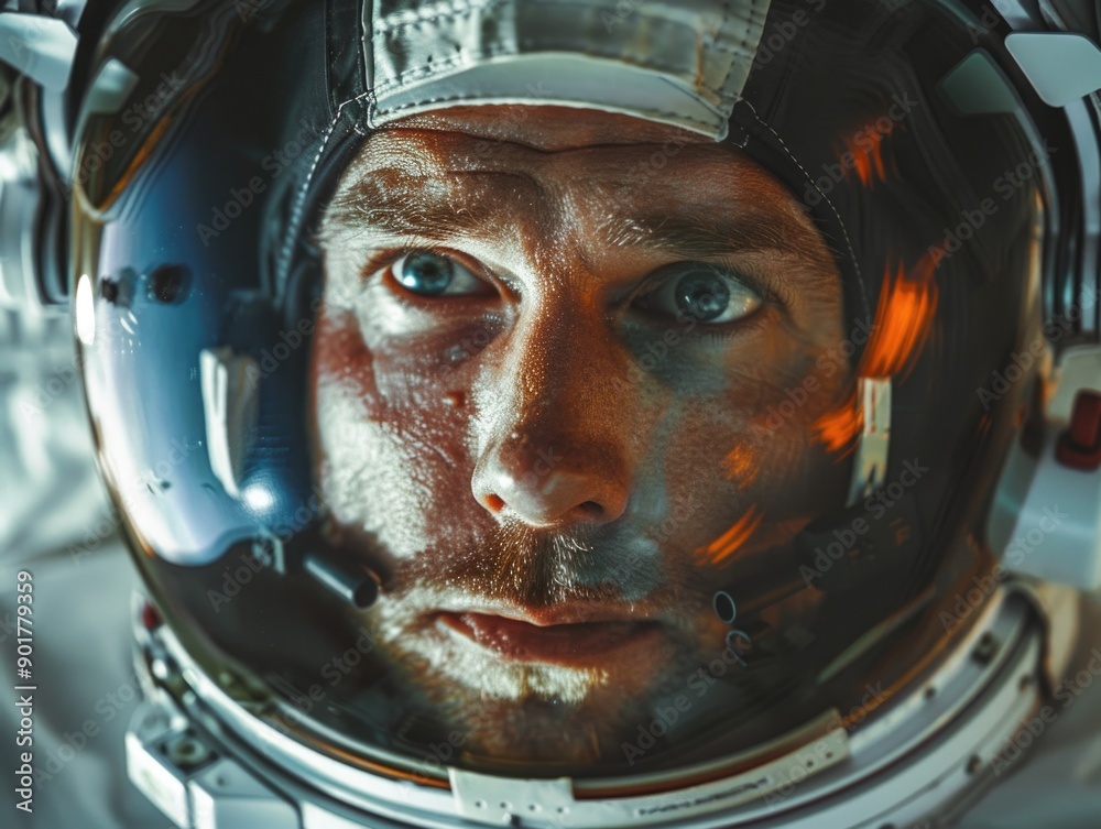 A close-up view of a person wearing a space suit, preparing for a journey A close-up view of a person wearing a space suit, preparing for a journey