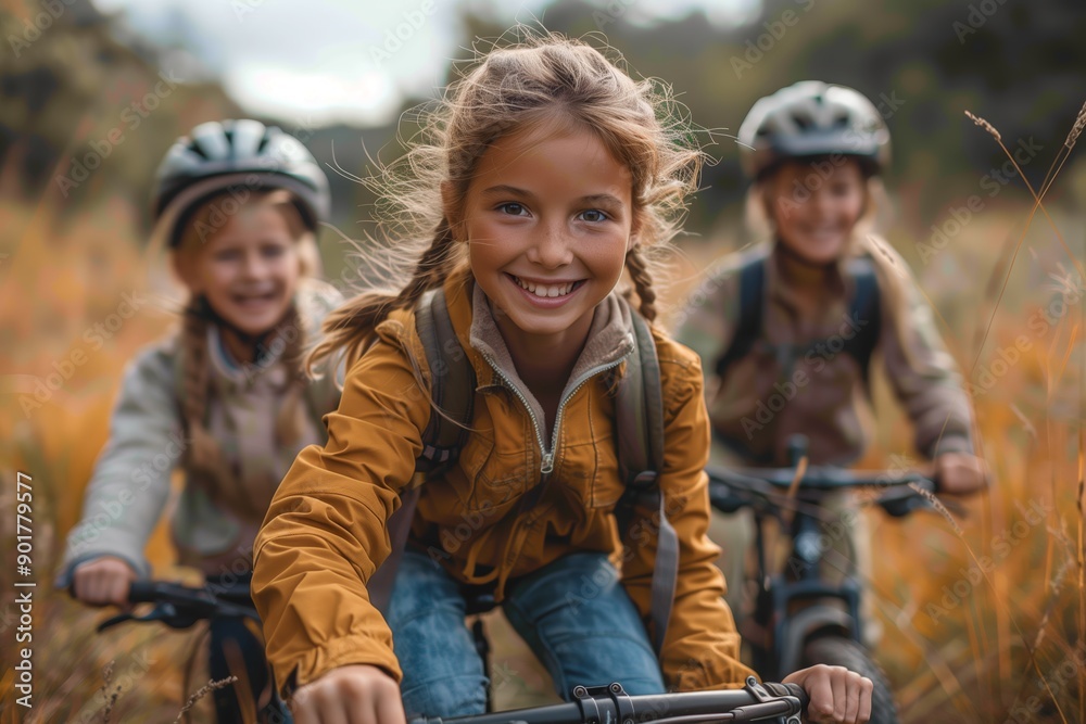 Three Children Enjoying a Fun Day of Biking Through Autumn Forest Trail Three Children Enjoying a Fun Day of Biking Through Autumn Forest Trail