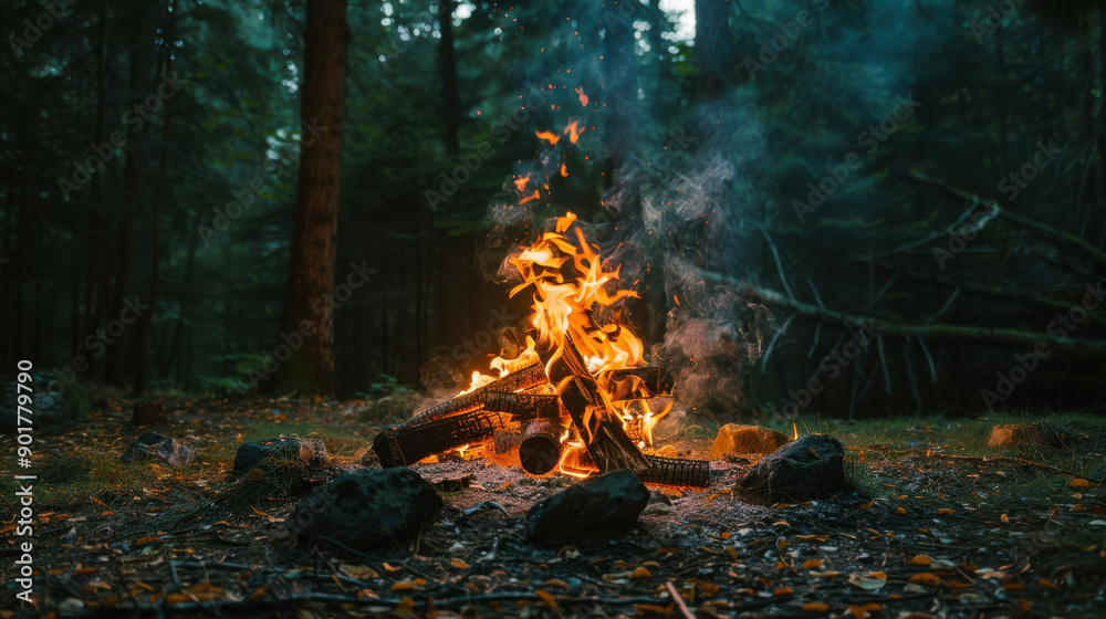 A photographic image of a campfire burning brightly, with flames dancing upwards, surrounded by a dense forest A photographic image of a campfire burning brightly, with flames dancing upwards, surrounded by a dense forest