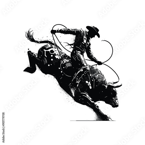 bull riding sport male player with cyberpunk, glitch pattern illustration, emblem shield badge