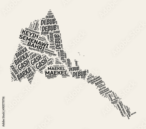 Eritrea word cloud. Country with regions division. Eritrea typographic text clouds vector image design. Vintage gazette style country shape image. Classy vector illustration.