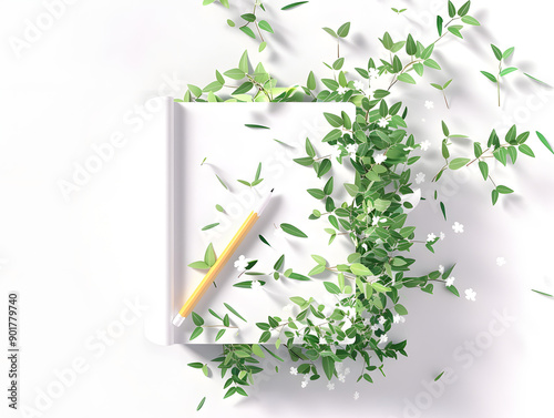 3D Illustration of a Notebook with Green Leaves and Snowdrop photo