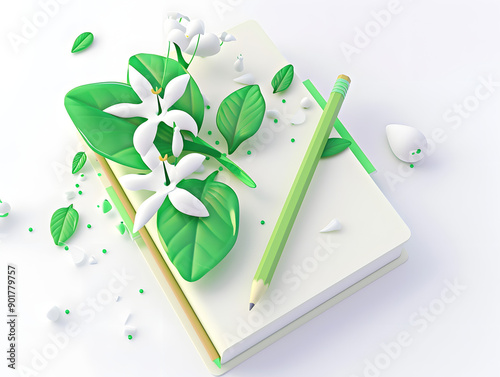 3D Illustration of a Notebook with Green Leaves and Snowdrop photo