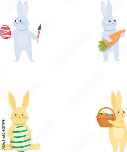 Сute rabbit icons set cartoon vector. Funny rabbit and easter egg. Spring religious holiday