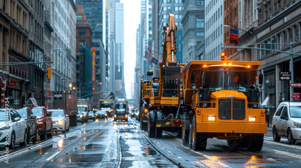 A convoy transporting heavy construction machinery through a city A convoy transporting heavy construction machinery through a city